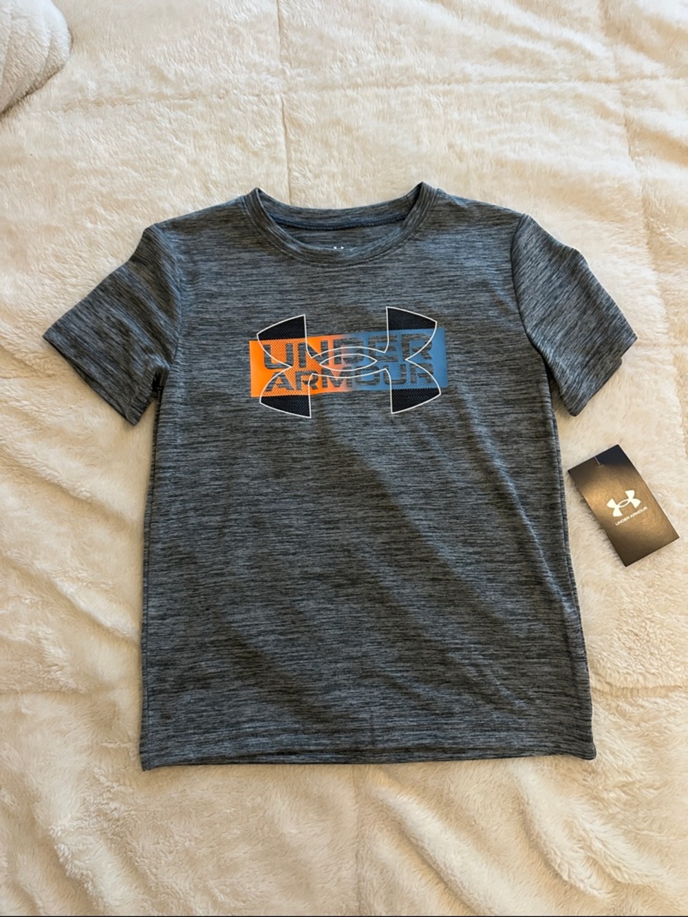 Under Armour Boys' Heather Gray Short Sleeve Tee with Orange & Blue Logo